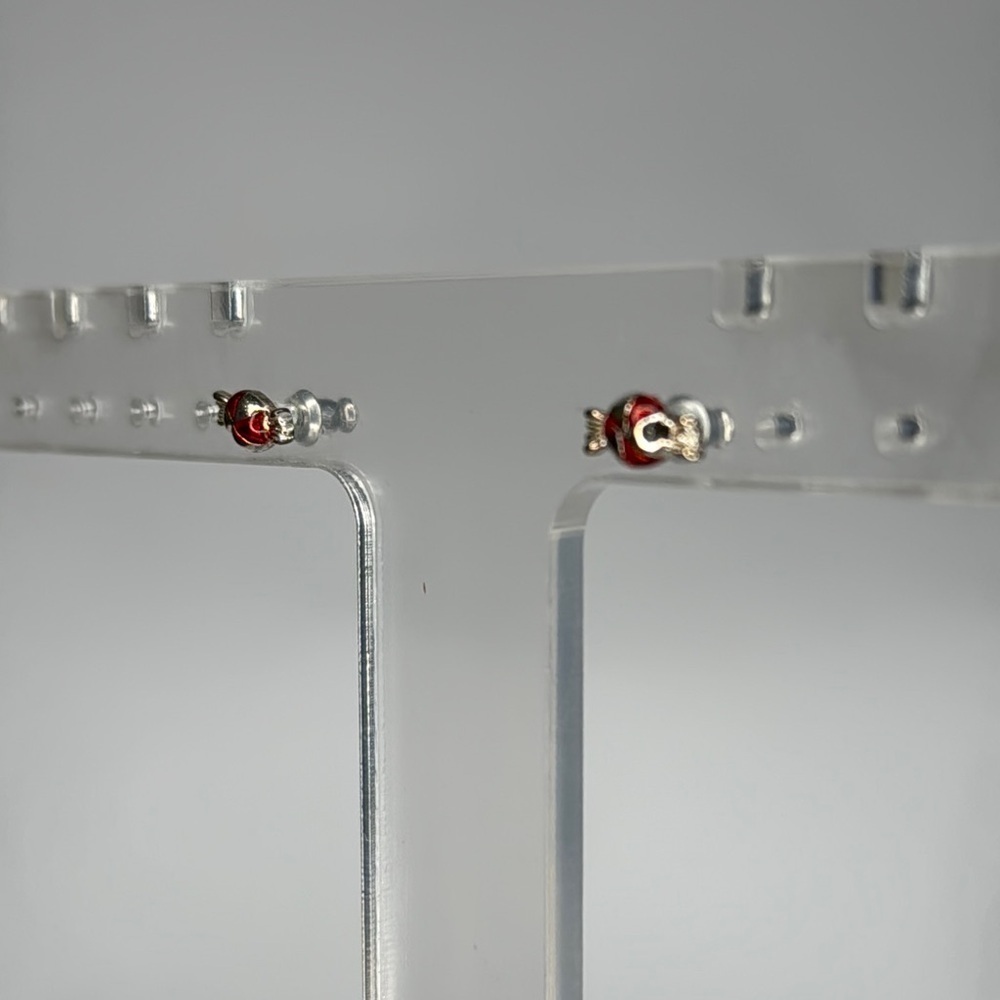 Red and Silver Stud Earrings with Classic Design - Picture 3 of 5